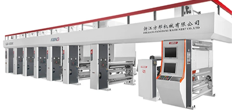 [Image: Wide shot of a Fangbang high-speed rotogravure press in operation, showing smooth material feed and color register control panel]